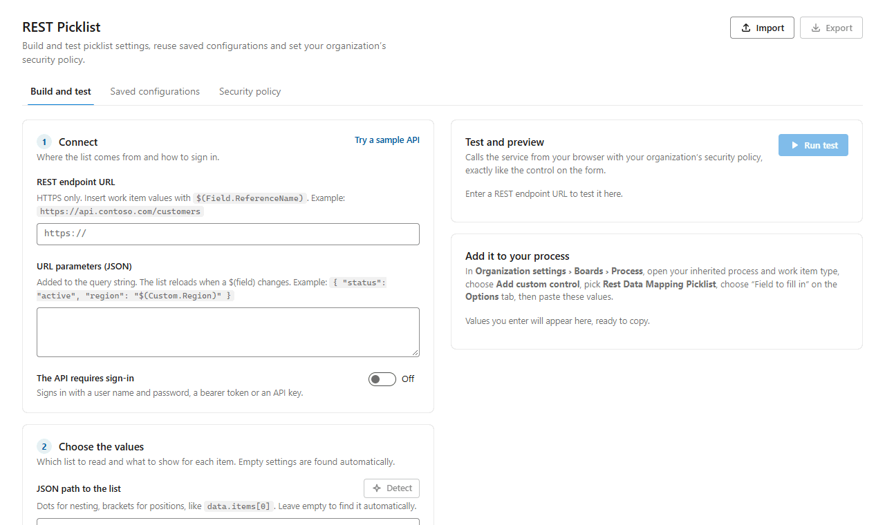 The REST Picklist setup page in Organization settings, on the Build and test tab: endpoint and sign-in settings, the list and value choices, collapsible optional sections, and a live preview of the picklist