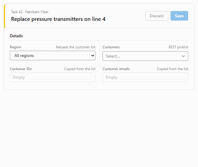 The REST Picklist control on a work item form: typing filters the list, each customer shows its email as a second line, and picking several fills the field and copies their details into other fields